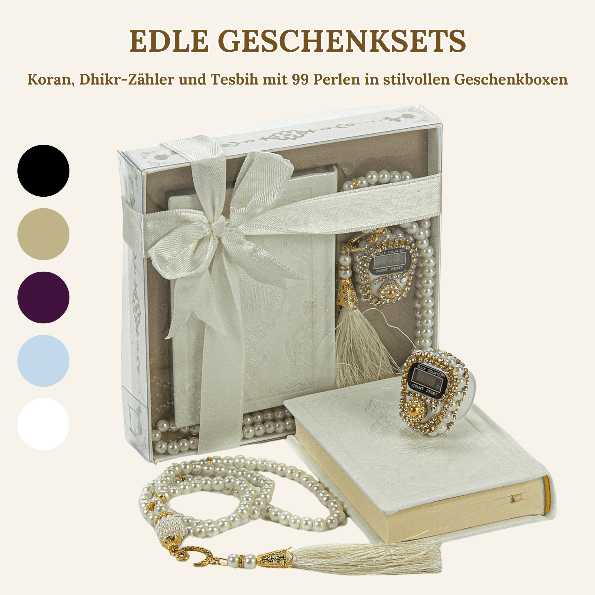 Quran, Dhikr Counter, and 99 Bead Tesbih in Stylish Gift Boxes