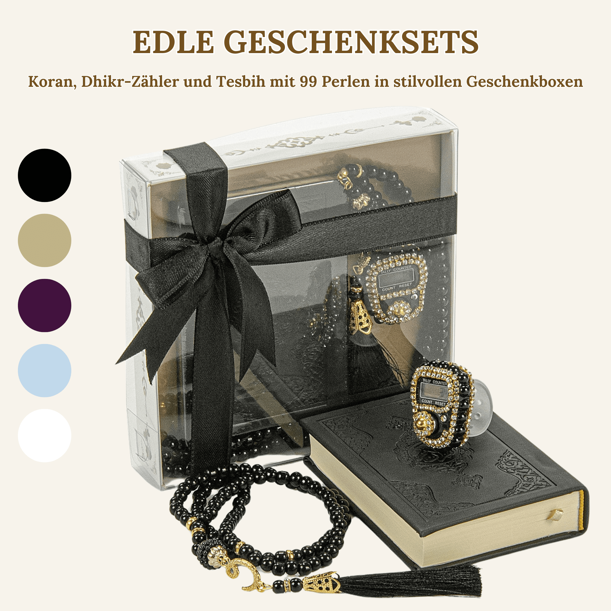 Quran, Dhikr Counter, and 99 Bead Tesbih in Stylish Gift Boxes
