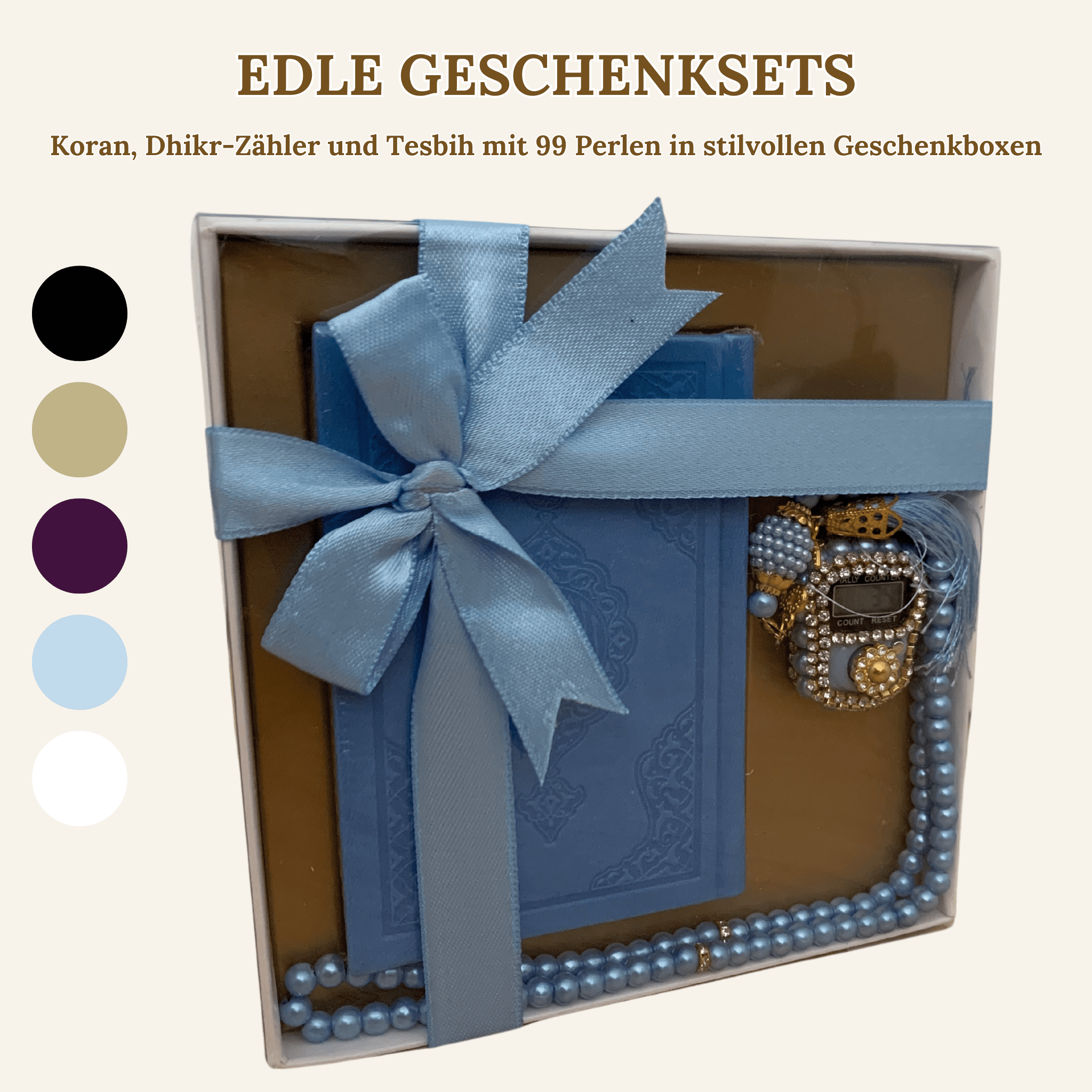 Quran, Dhikr Counter, and 99 Bead Tesbih in Stylish Gift Boxes