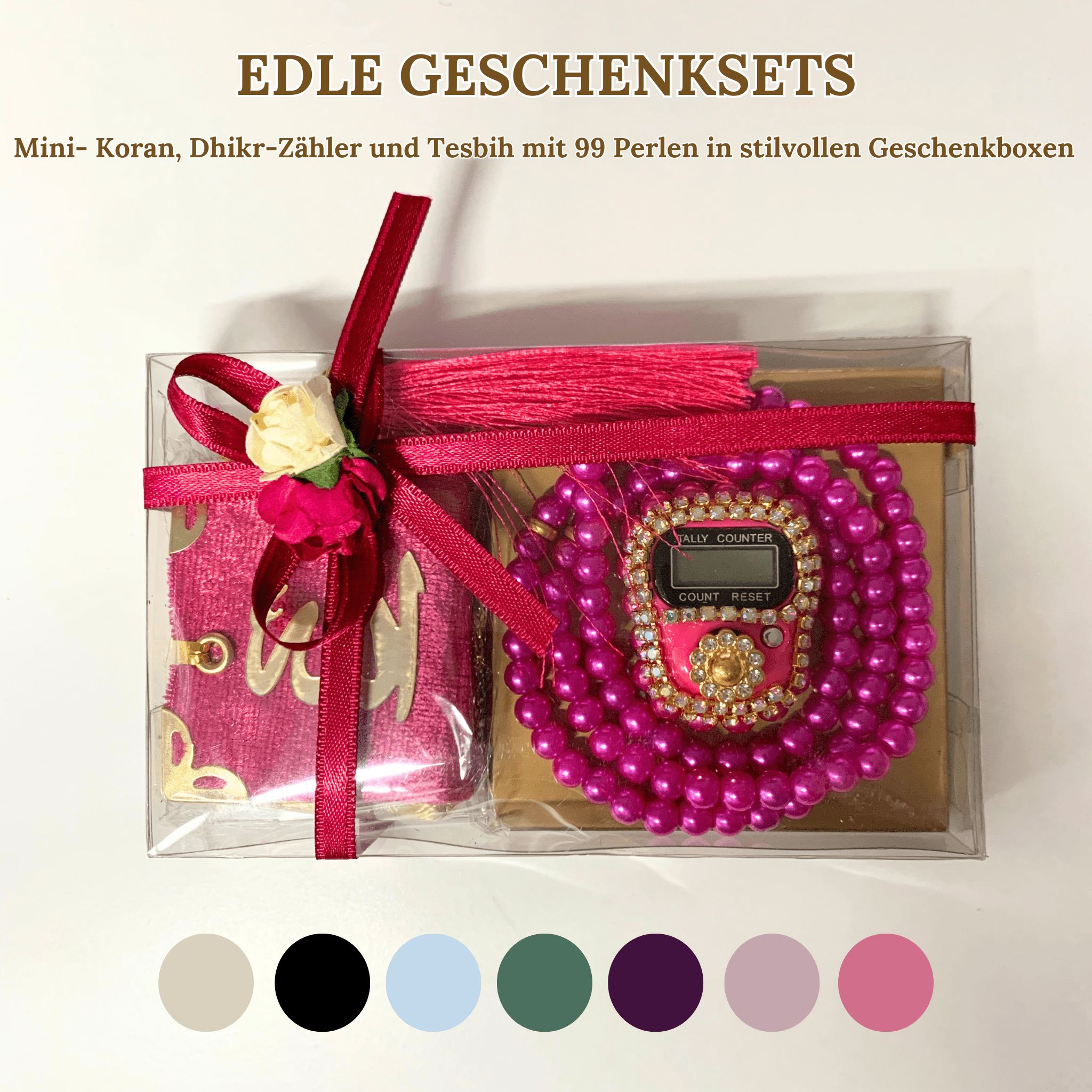 Mini Quran, Dhikr Counter, and 99-Bead Tesbih in Stylish Gift Boxes 
