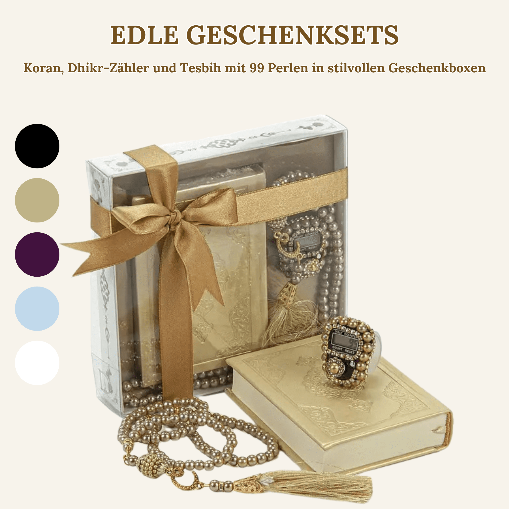 Quran, Dhikr Counter, and 99 Bead Tesbih in Stylish Gift Boxes