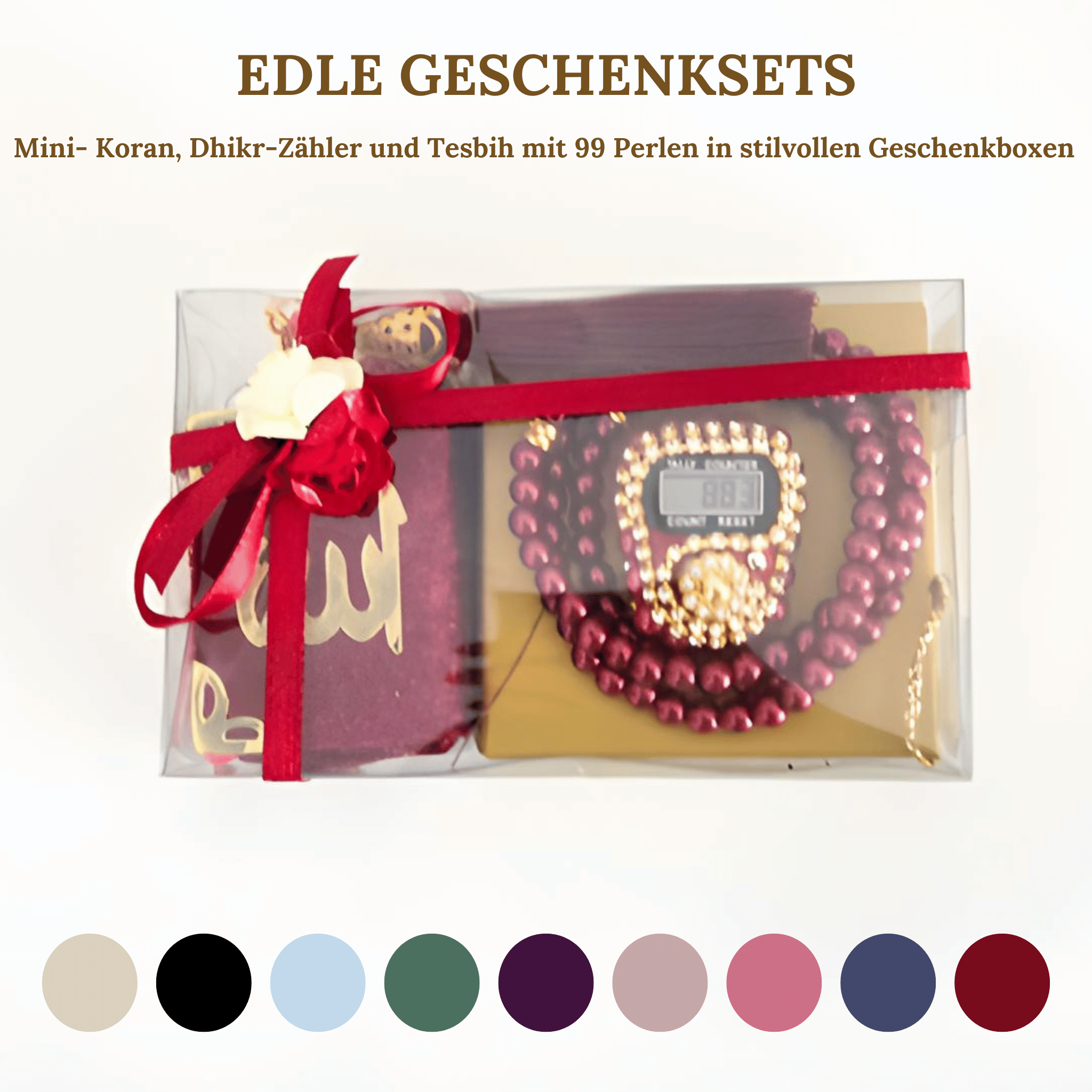 Mini Quran, Dhikr Counter, and 99-Bead Tesbih in Stylish Gift Boxes 