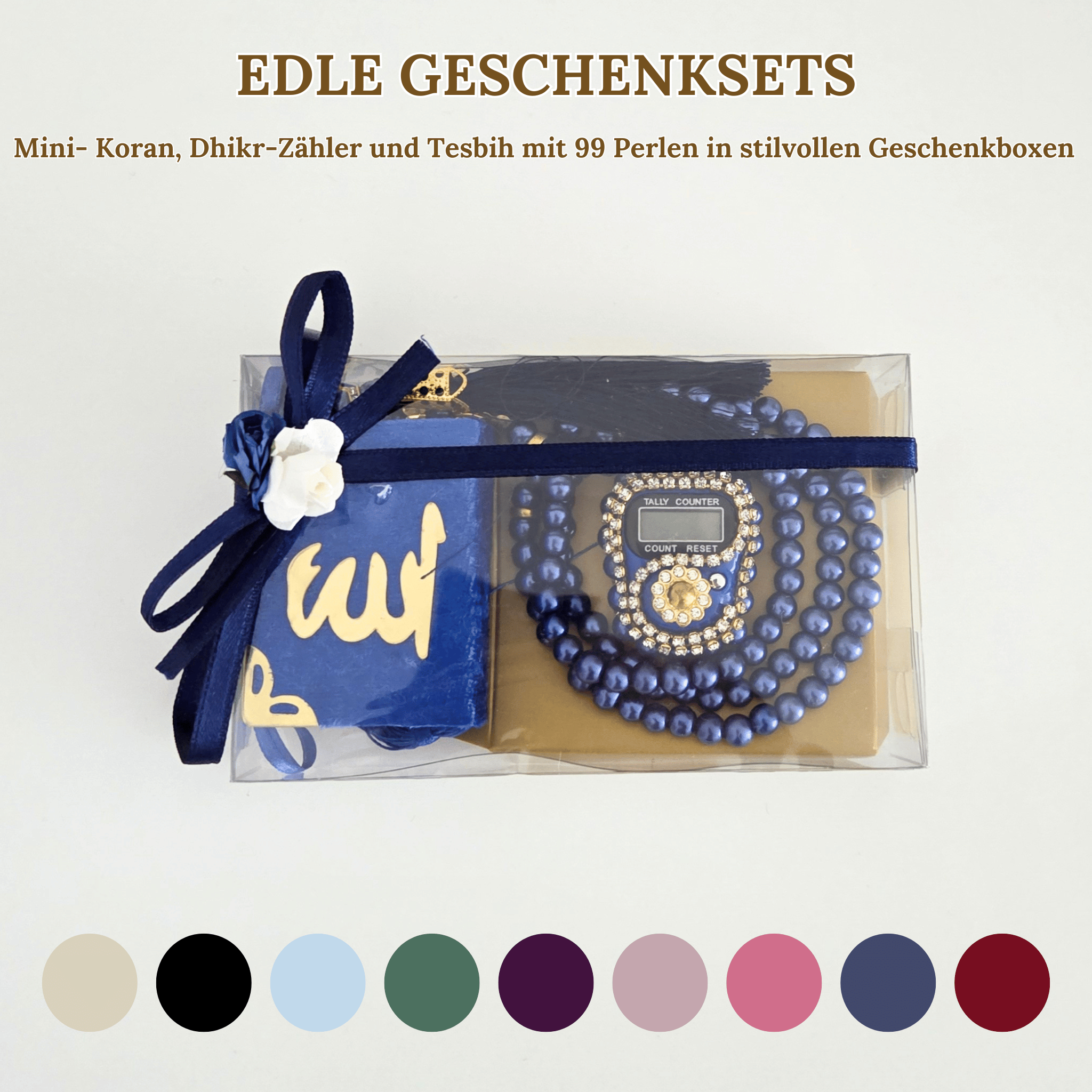 Mini Quran, Dhikr Counter, and 99-Bead Tesbih in Stylish Gift Boxes 