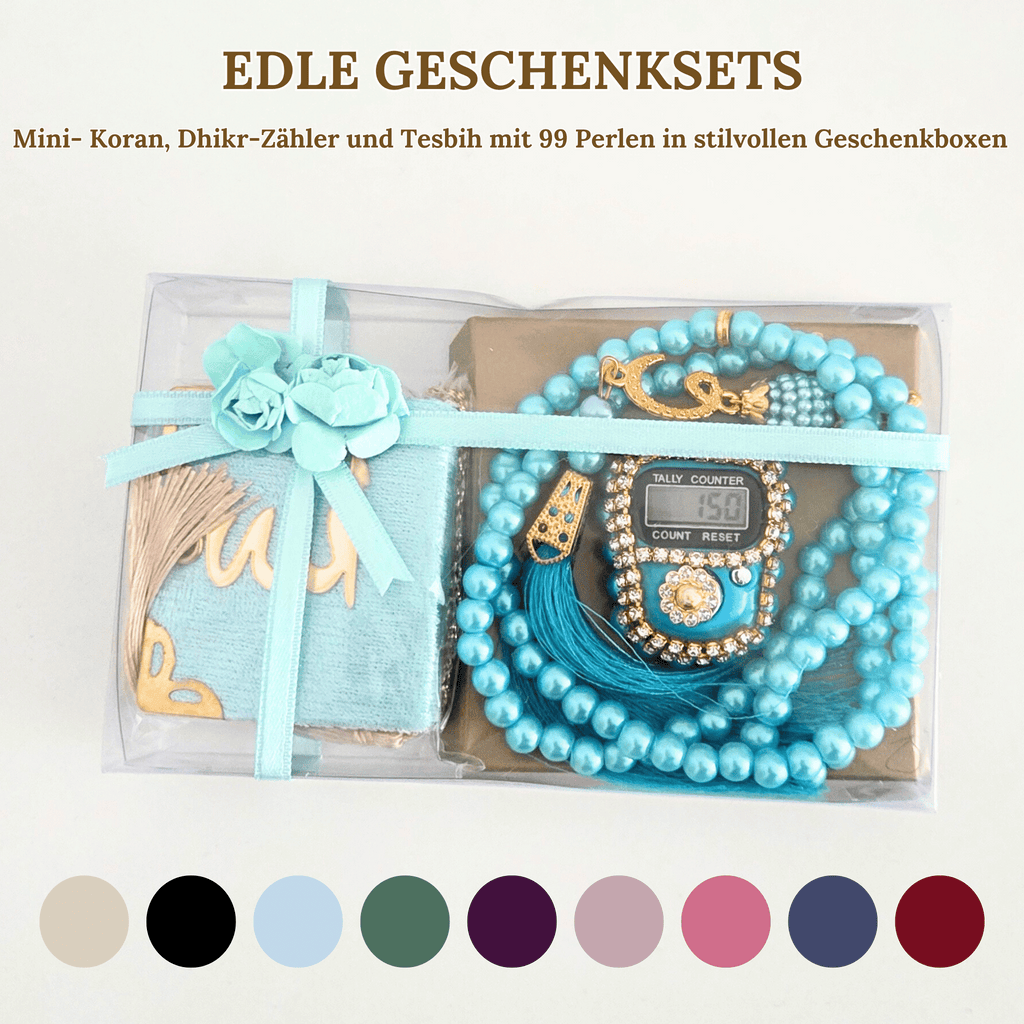 Mini Quran, Dhikr Counter, and 99-Bead Tesbih in Stylish Gift Boxes 