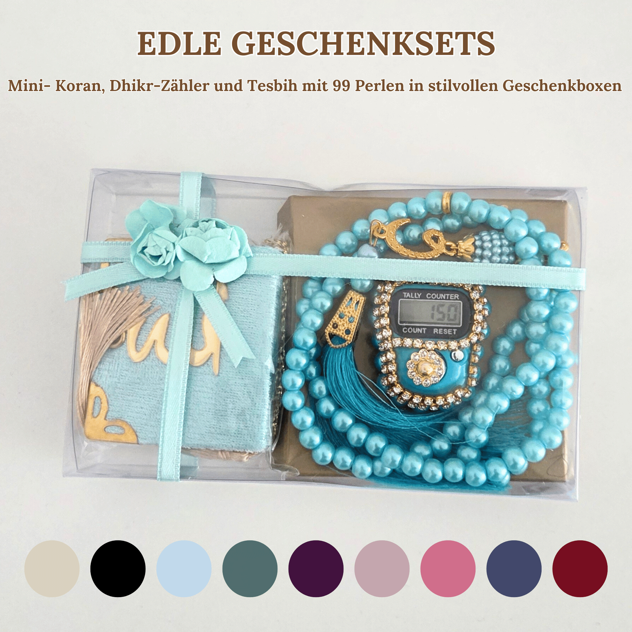 Mini Quran, Dhikr Counter, and 99-Bead Tesbih in Stylish Gift Boxes 