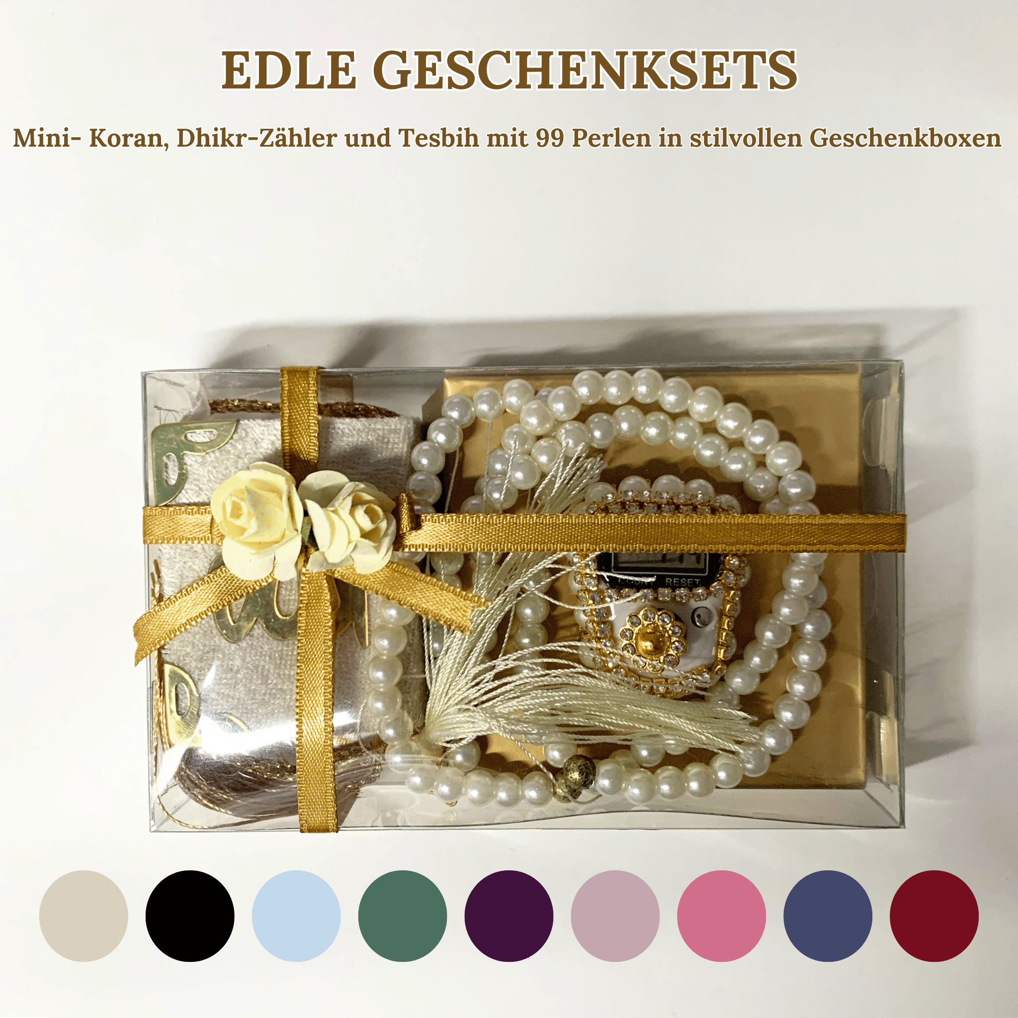 Mini Quran, Dhikr Counter, and 99-Bead Tesbih in Stylish Gift Boxes 