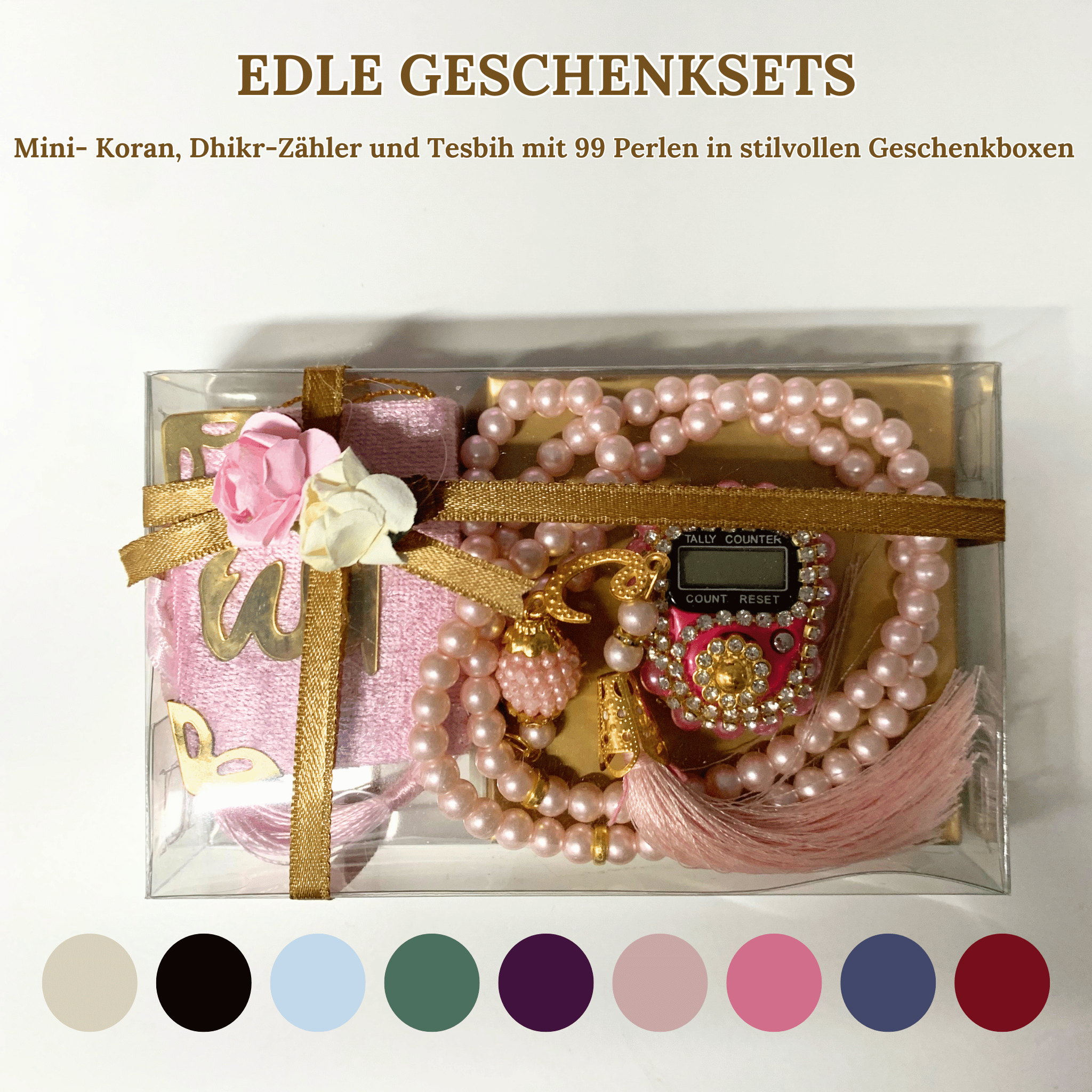 Mini Quran, Dhikr Counter, and 99-Bead Tesbih in Stylish Gift Boxes 