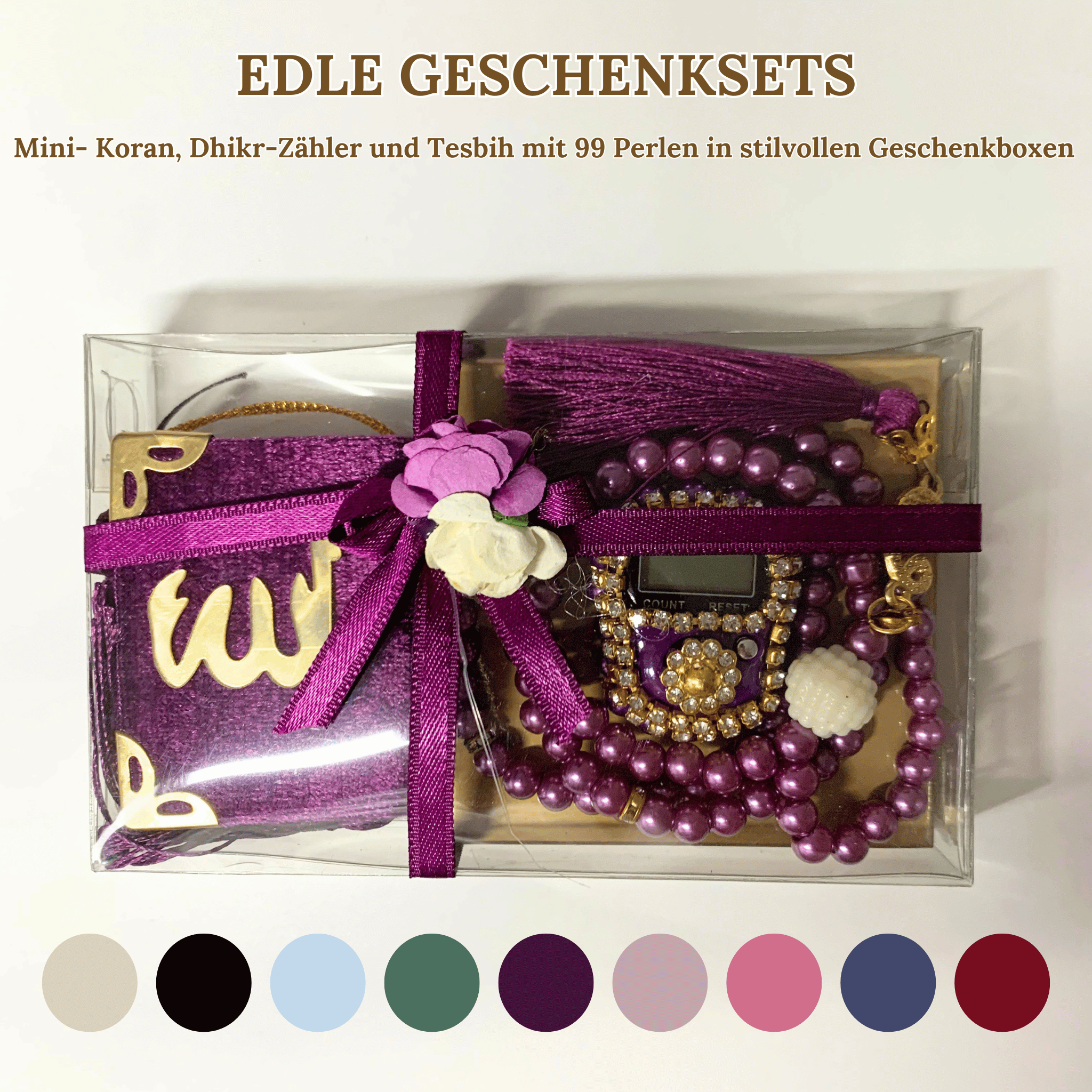 Mini Quran, Dhikr Counter, and 99-Bead Tesbih in Stylish Gift Boxes 