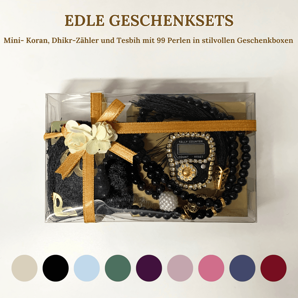 Mini-Koran, Dhikr-Zähler und 99 Perlen Tesbih in stilvollen Geschenkboxen