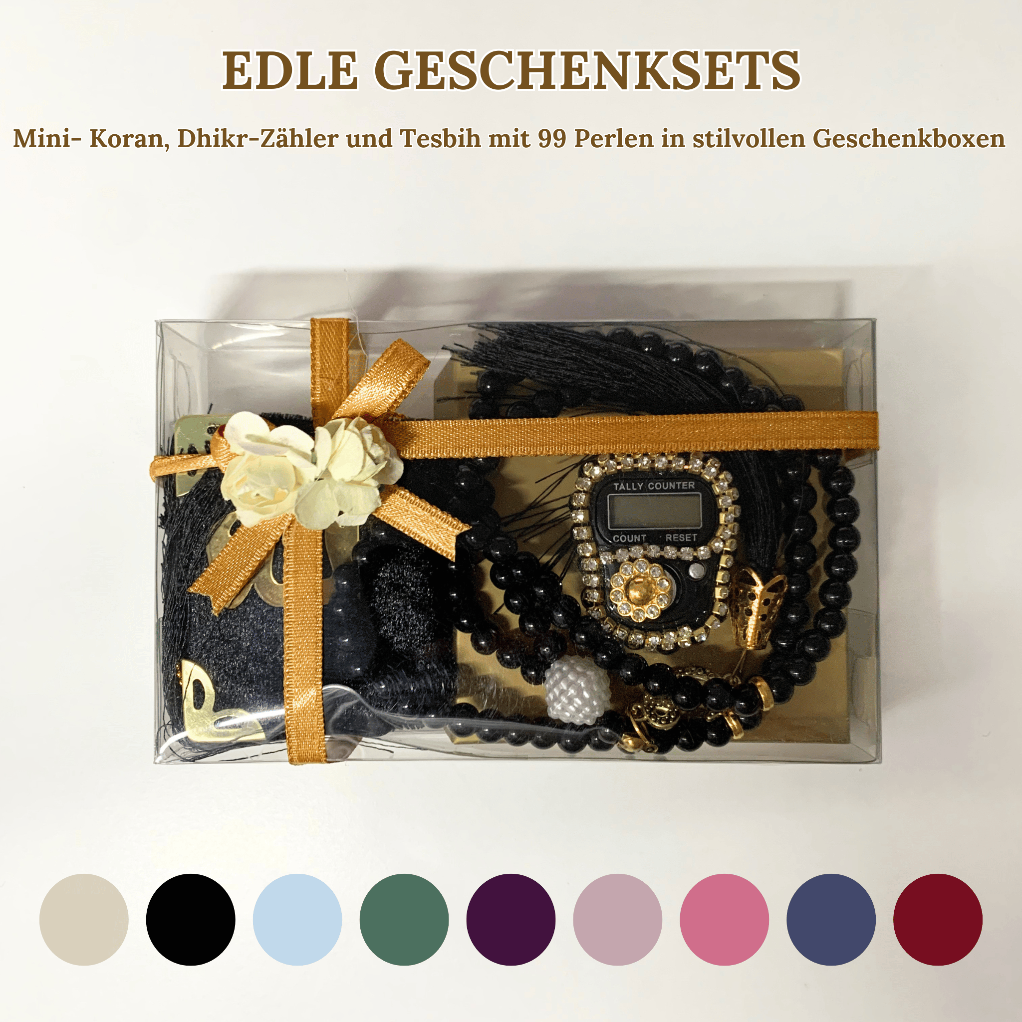 Mini Quran, Dhikr Counter, and 99-Bead Tesbih in Stylish Gift Boxes 