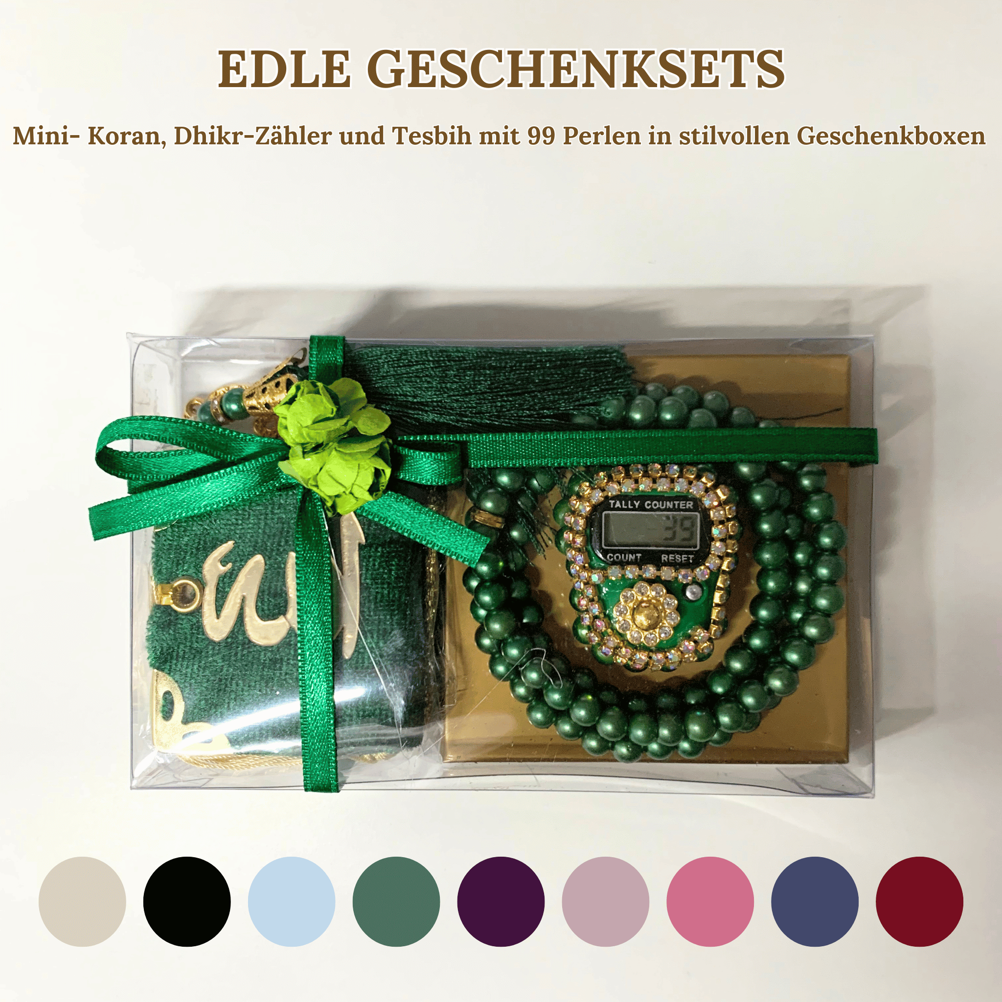 Mini Quran, Dhikr Counter, and 99-Bead Tesbih in Stylish Gift Boxes 