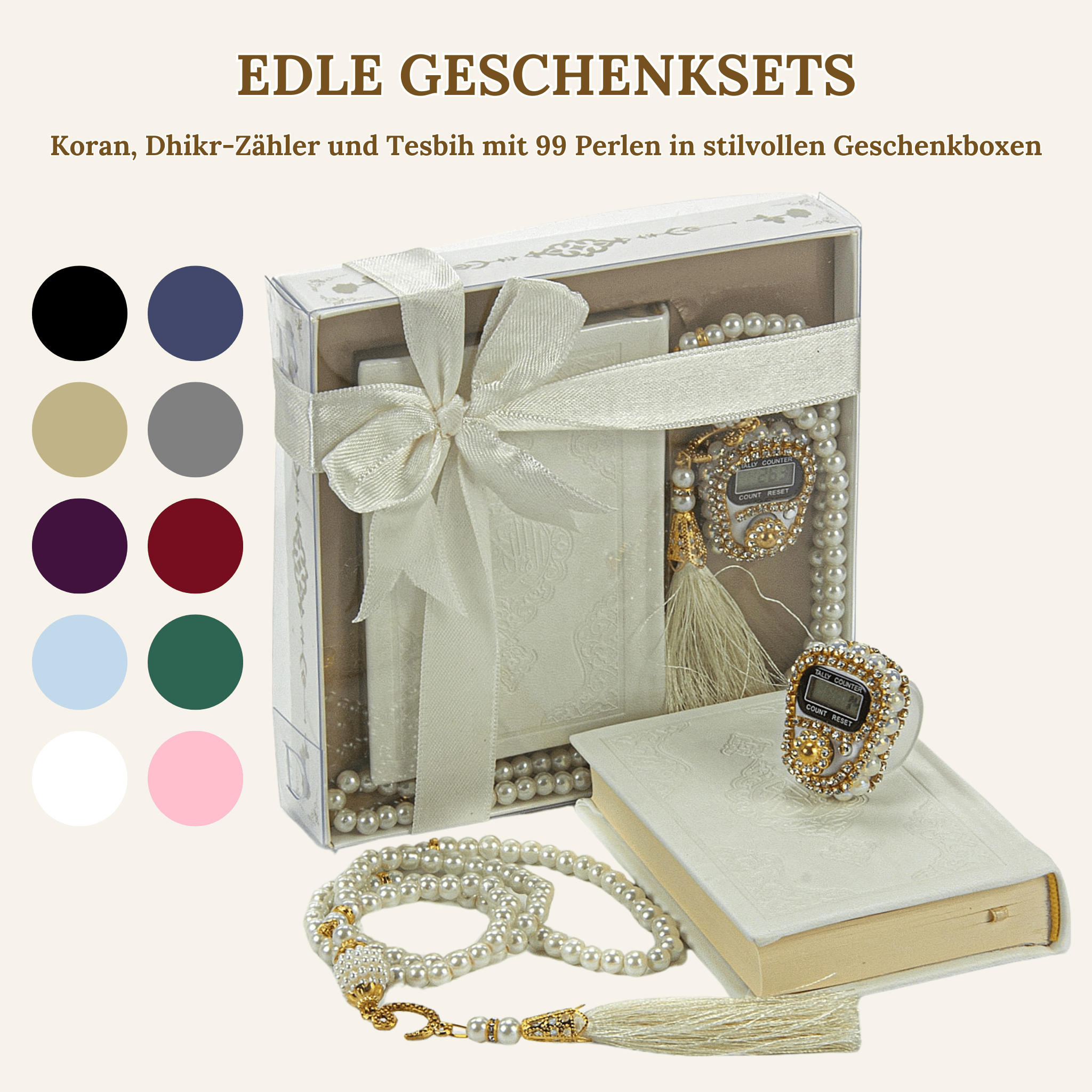 Quran, Dhikr Counter, and 99 Bead Tesbih in Stylish Gift Boxes