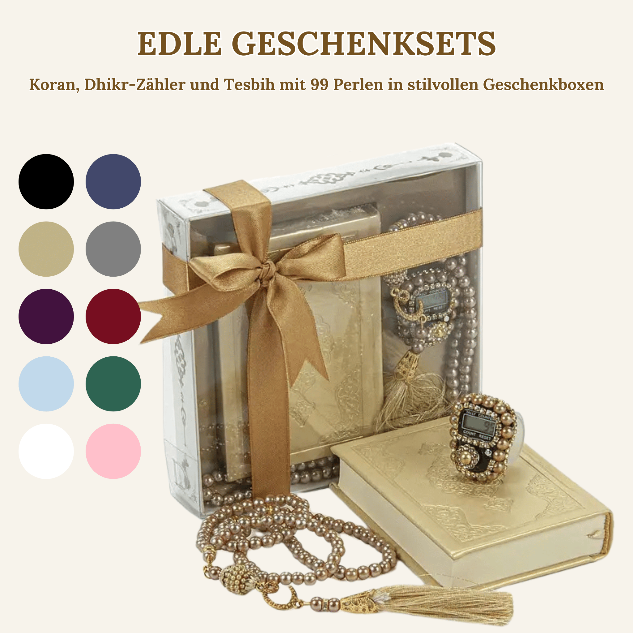 Quran, Dhikr Counter, and 99 Bead Tesbih in Stylish Gift Boxes