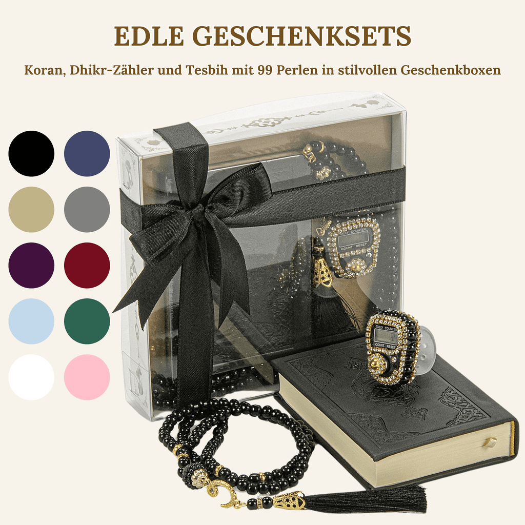 Koran, Dhikr-Zähler und 99 Perlen Tesbih in stilvollen Geschenkboxen