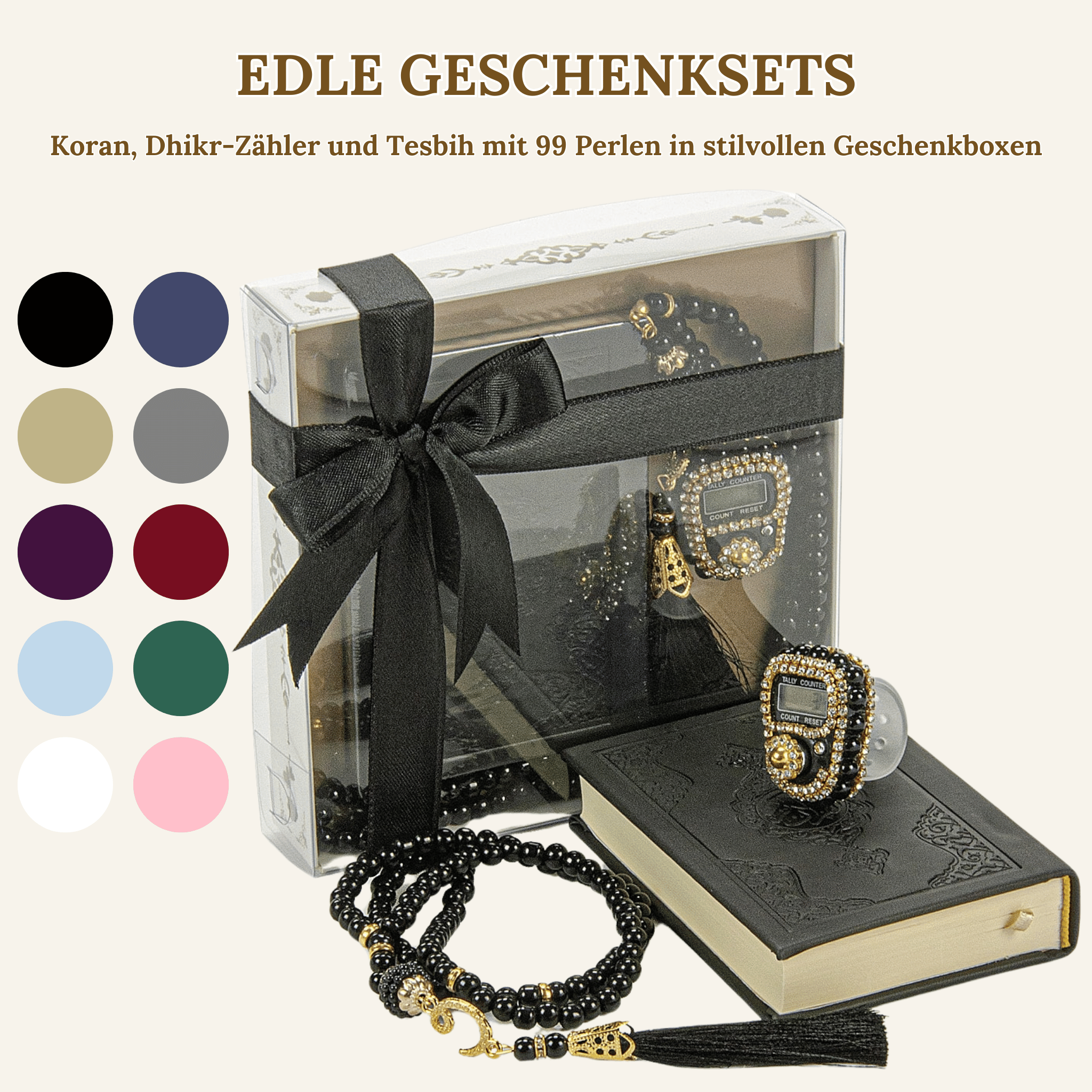 Quran, Dhikr Counter, and 99 Bead Tesbih in Stylish Gift Boxes