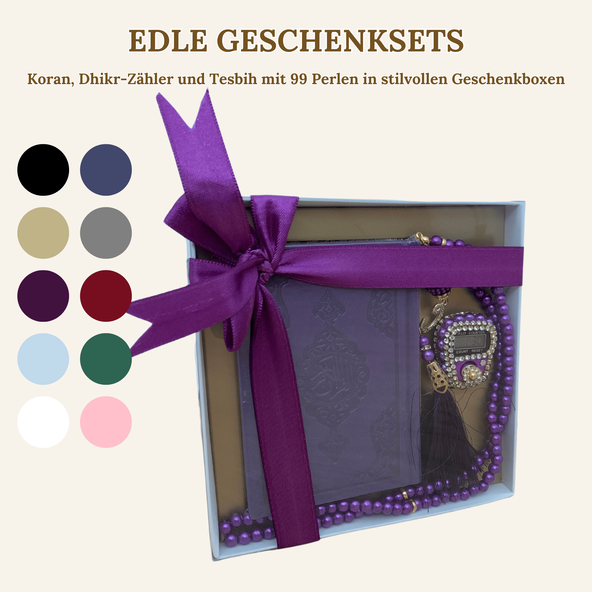 Quran, Dhikr Counter, and 99 Bead Tesbih in Stylish Gift Boxes