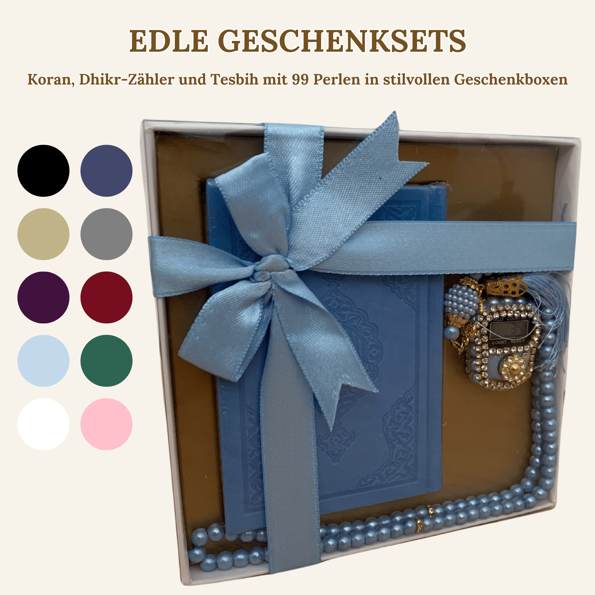 Quran, Dhikr Counter, and 99 Bead Tesbih in Stylish Gift Boxes