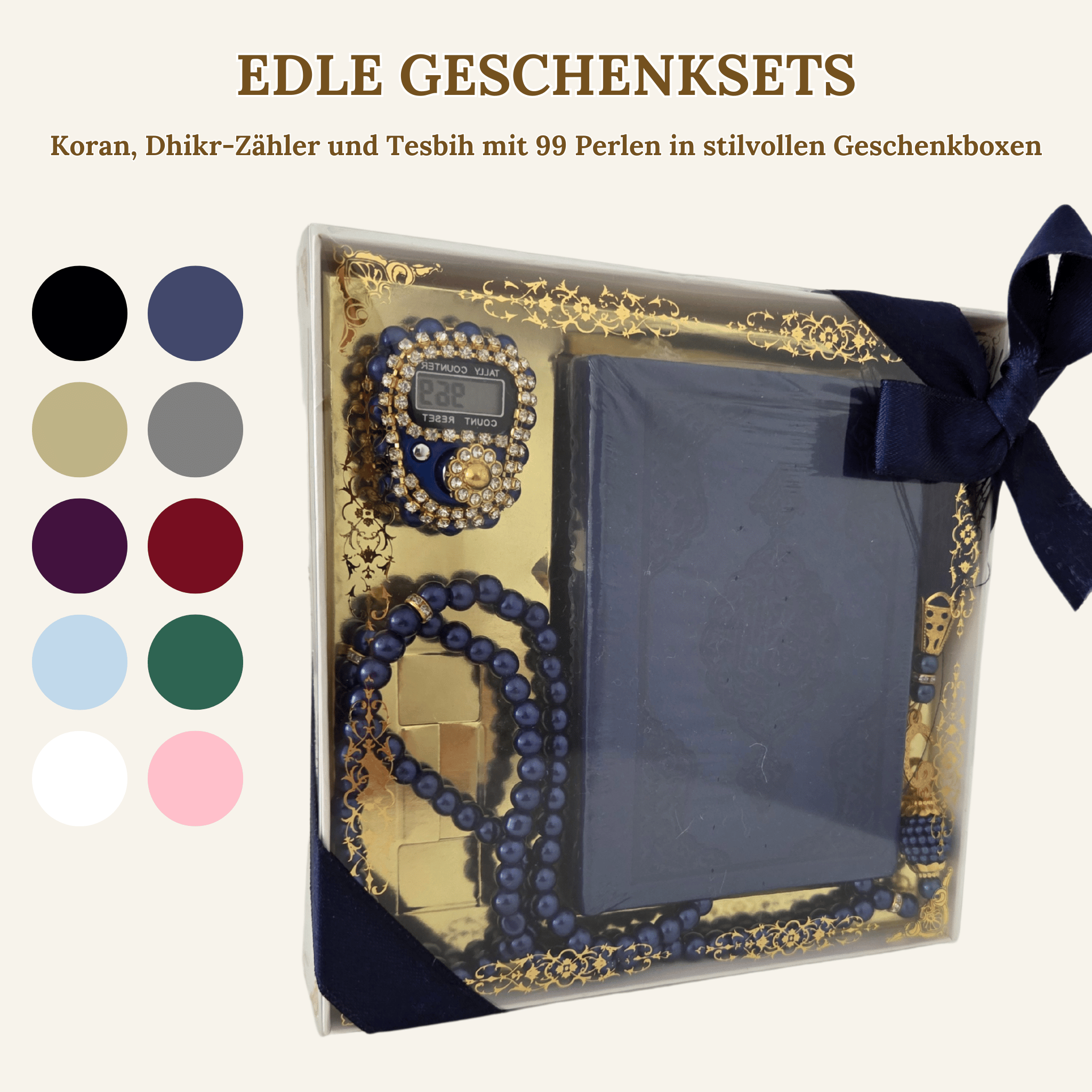 Quran, Dhikr Counter, and 99 Bead Tesbih in Stylish Gift Boxes