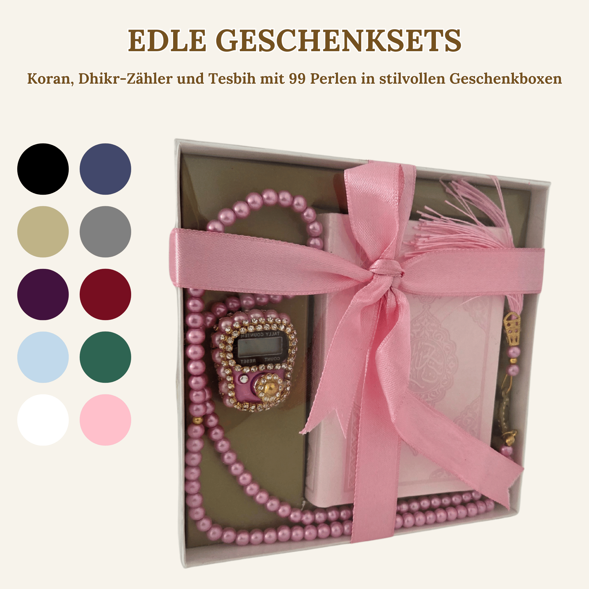 Quran, Dhikr Counter, and 99 Bead Tesbih in Stylish Gift Boxes