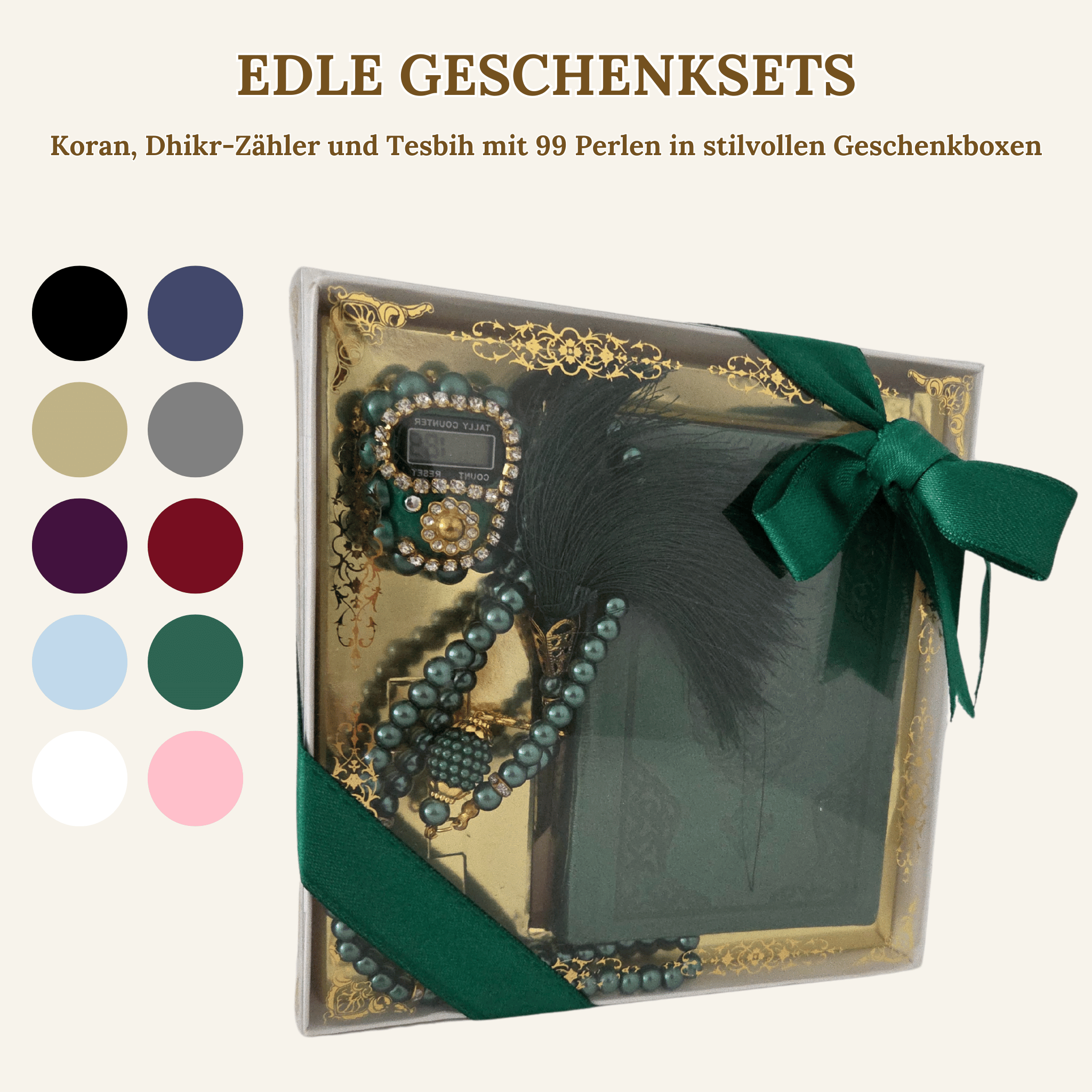 Quran, Dhikr Counter, and 99 Bead Tesbih in Stylish Gift Boxes