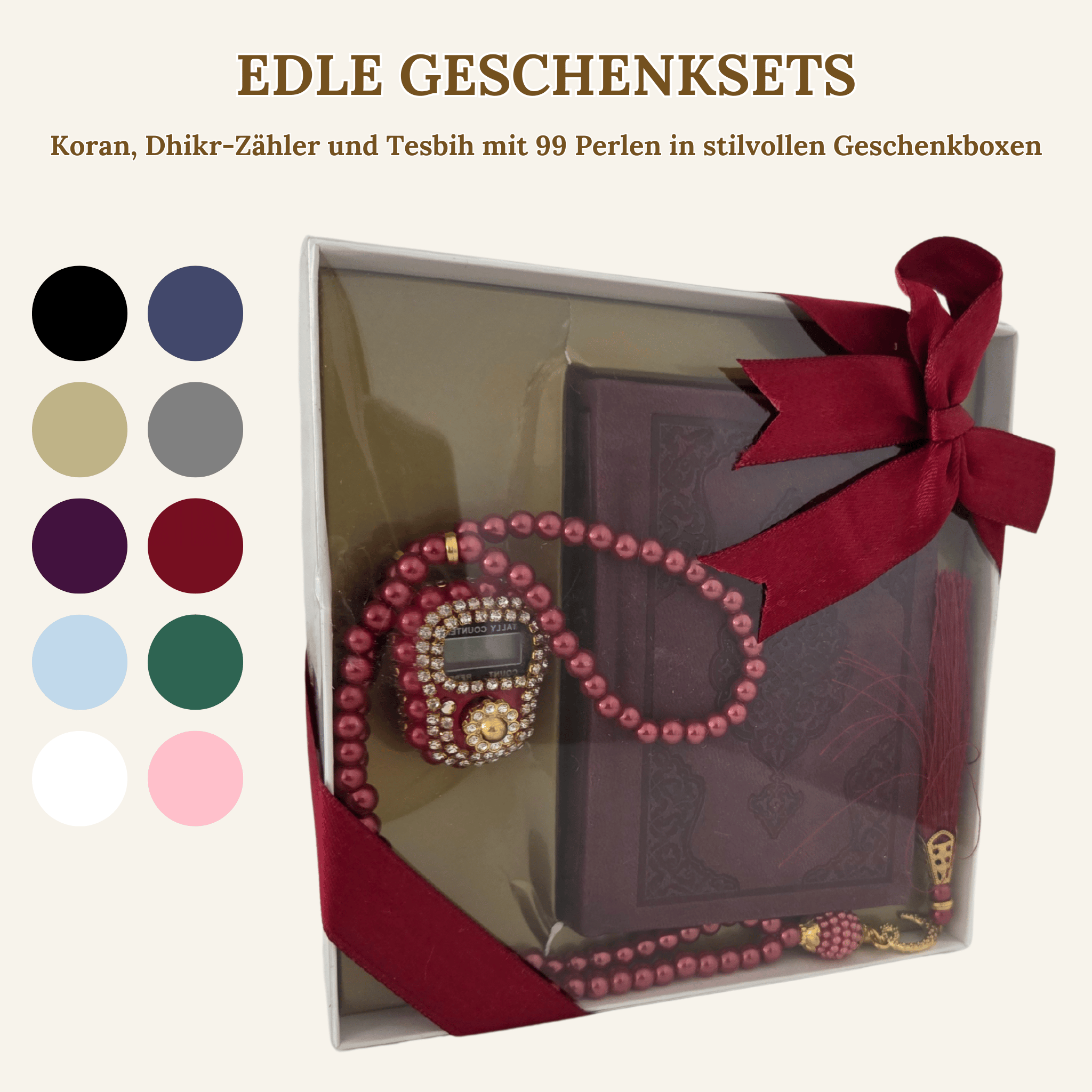 Quran, Dhikr Counter, and 99 Bead Tesbih in Stylish Gift Boxes