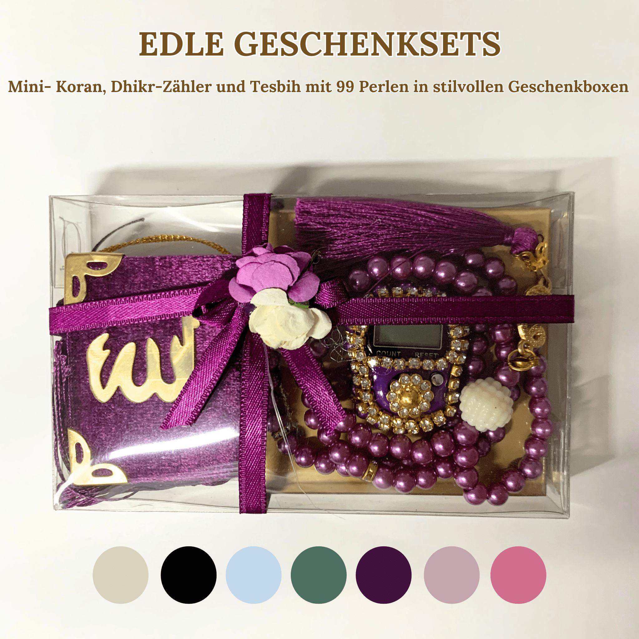 Mini Quran, Dhikr Counter, and 99-Bead Tesbih in Stylish Gift Boxes 