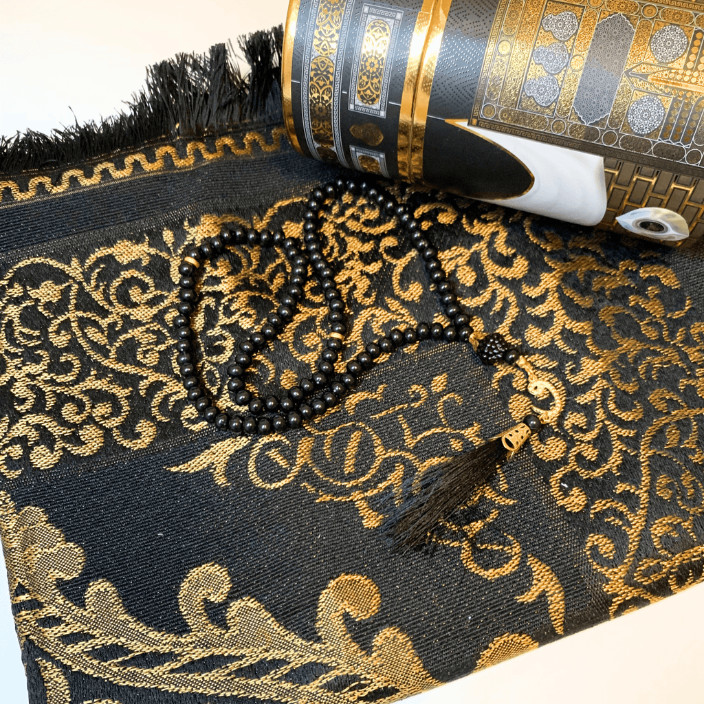 Kaaba Design Prayer Set: Prayer Mat, 99-Bead Tasbih, and Storage Box | 3-Piece Set