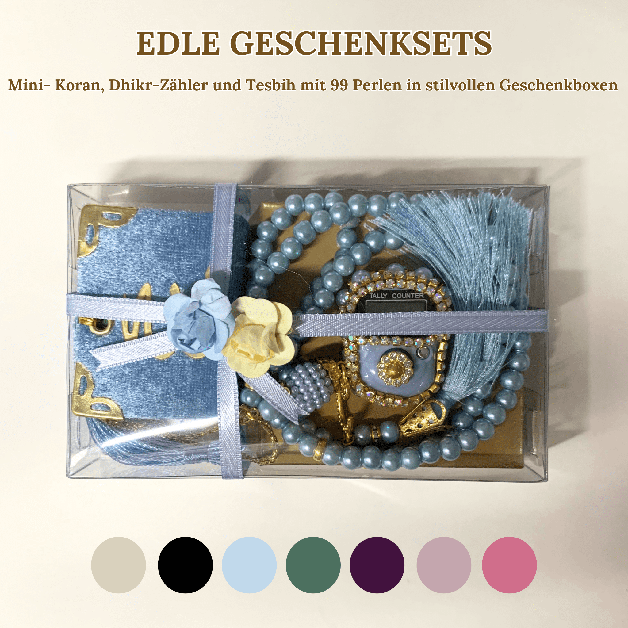 Mini Quran, Dhikr Counter, and 99-Bead Tesbih in Stylish Gift Boxes 
