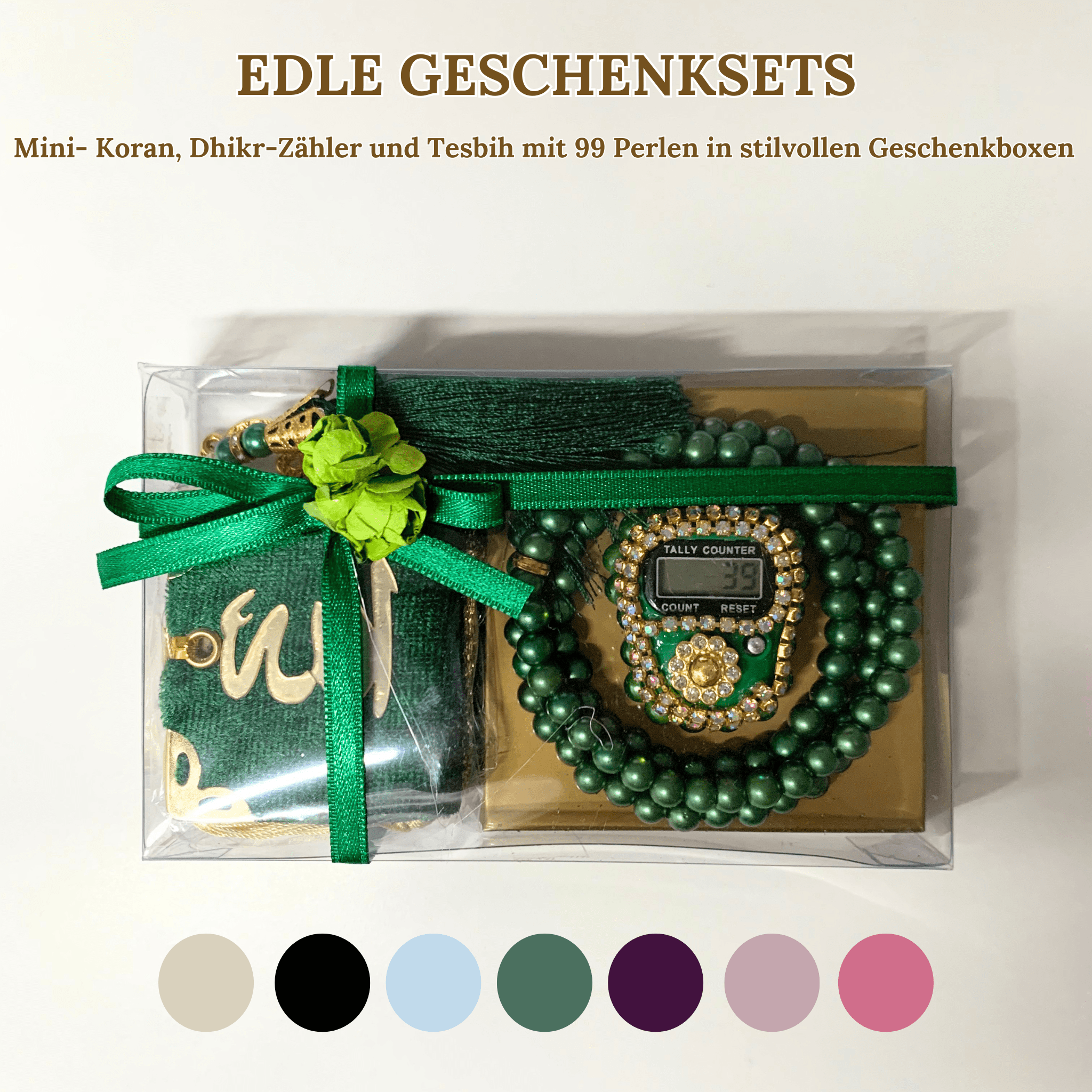 Mini Quran, Dhikr Counter, and 99-Bead Tesbih in Stylish Gift Boxes 